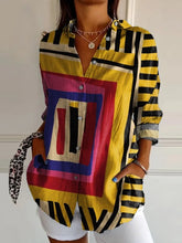 Women's Red Yellow Color-block Abstract Figure Print Casual Cotton Shirt